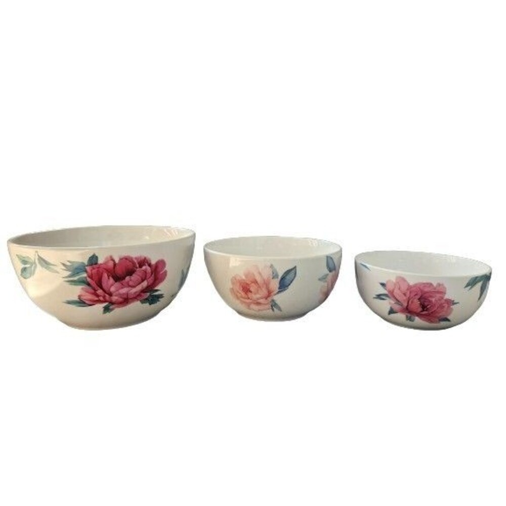 Martha Stewart Fine Ceramic Floral 3-Piece Bowl Set - White Elegant Serveware